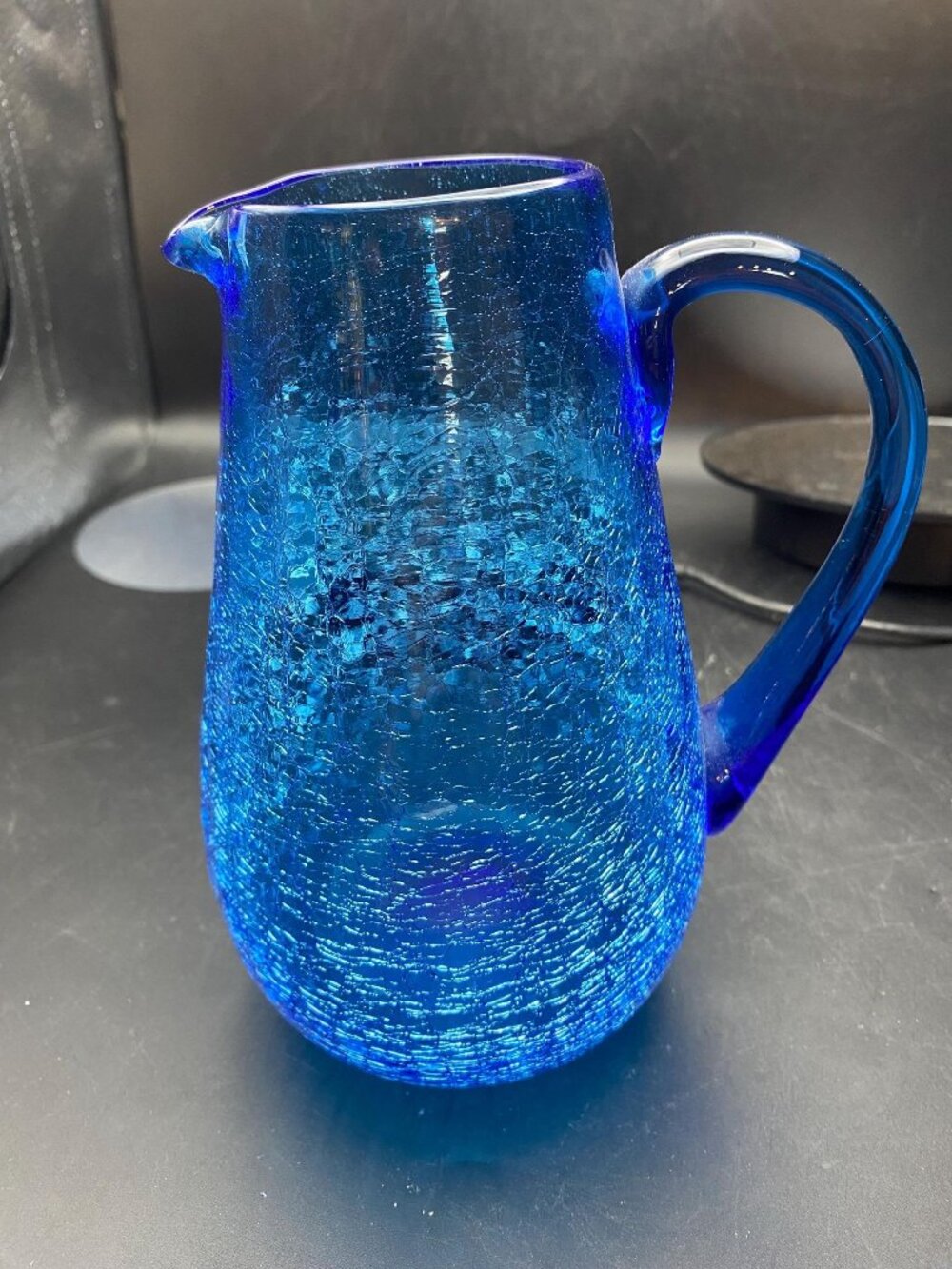 Blue Crackle Glass Pitcher with Blue Applied Handle